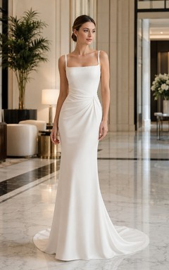 Square Neck Satin Mermaid Wedding Dress with Side Draping