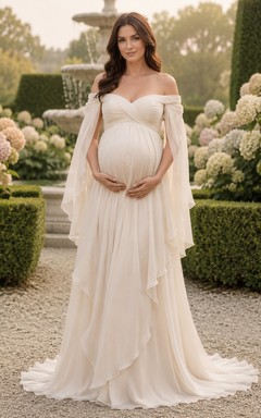 Umstandsbrautkleid, schulterfrei, drapiertes Chiffon-Gartenkleid mit weicher Schleppe