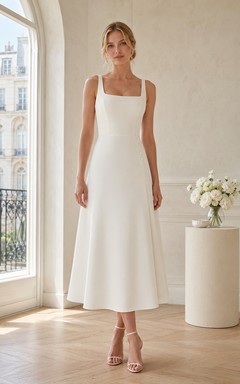 Robe de mariée minimaliste en satin, col carré, sans manches, coupe trapèze, longueur thé, encolure carrée et sans manches