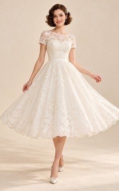 Tea-length Short Sleeve Illusion Floral Lace A-line Wedding Dress