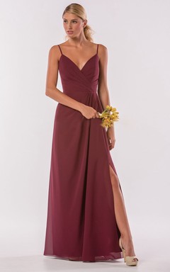 Sleeveless V-Neck Gown With Spaghetti Straps And Ruffles