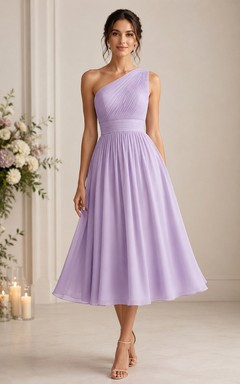 Lavender One-Shoulder Tea-Length Chiffon Bridesmaid Dress