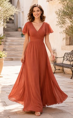 Papaya Courtyard A-Line Chiffon Bridesmaid Dress with V-Neck Flutter Sleeve Bodice, Pleated Floor-Length Skirt and Low V Back