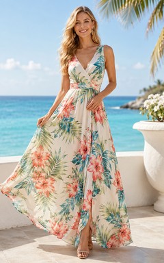 Tropical floral V-neck sleeveless chiffon slit maxi dress