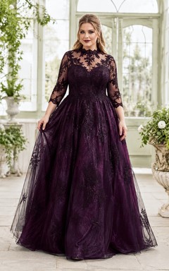 Plus Size Plum High Neck Three-Quarter Lace Sleeve Gothic Ball Gown Floor-Length Dress