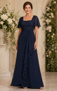 Dark Navy Square Neck Beaded Chiffon Evening Mother Gown