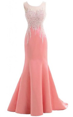 Sleeveless Beaded Bodice Mermaid Long Satin Dress With Bow
