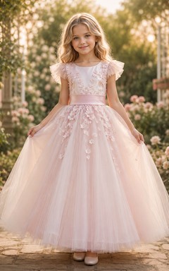 Flower Girl Dress Blush Lace Tulle A-Line Short Sleeve Jewel Neck Tea Length