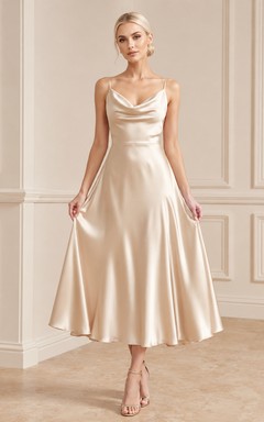 Robe de cocktail trapèze en satin champagne à col bénitier et fines bretelles spaghetti, longueur thé.