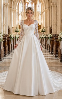 Vestido de novia de encaje y tul, estilo princesa, escote corazón, sin mangas, cola de capilla, con apliques.