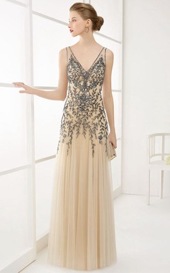V Neck V Back A-Line Tulle Long Prom Dress With Crystal-Leaf Top