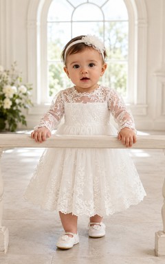 Langärmeliges Taufkleid, A-Linie, Spitze, Tüll, hoher Kragen, knielang