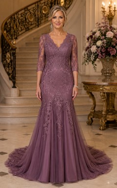 Mauve Mermaid Lace 3/4 Sleeve Train Mother Dress