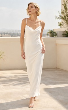 Robe de mariée moderne à bretelles spaghetti en satin drapé, dos nu et longueur cheville, idéale pour une réception.