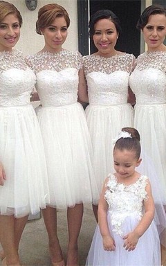 Romantic White Tulle Lace Champagne Bridesmaid Dress Short Sleeve