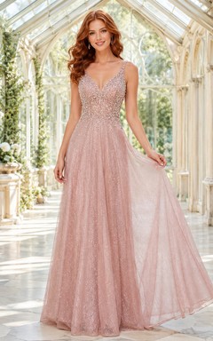 Ballkleid aus rosafarbenem Tüll, A-Linie, V-Ausschnitt, ärmellos, Pailletten und Perlen, bodenlang