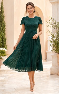 Emerald short sleeve pleated tea length A-line dress