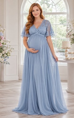 Robe de maternité romantique bleu ciel en mousseline de soie et dentelle, col en V, manches courtes, style empire, pour baby shower
