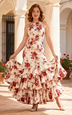 Cream Floral Chiffon Halter A-Line Ankle-Length Tiered Vintage Flamenco Dress