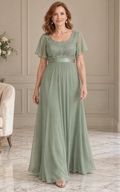 Vestido de gasa de corte imperio, largo hasta el suelo, con escote redondo, encaje y mangas con volantes, ideal para la madre de la novia.