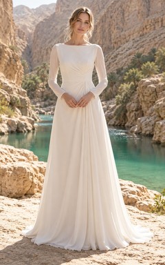 Vestido de novia sencillo y modesto de gasa con escote barco y manga larga, corte en A