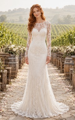 Vestido de novia de corte recto con encaje ilusión y mangas largas, estilo viñedo