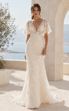 Robe de mariée sirène en dentelle florale à col en V et manches papillon