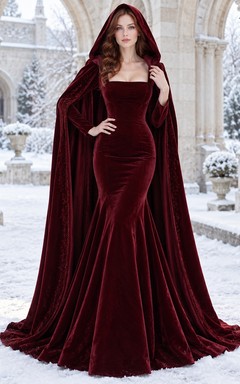 Vestido de invierno de terciopelo burdeos con cuello cuadrado y capucha, estilo sirena.