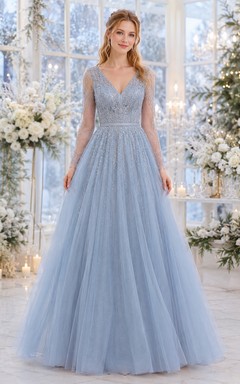 Sky Blue Lace Tulle Long Sleeve Winter Gown