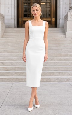 Square neck sleeveless sheath tailored courthouse bridal midi dress