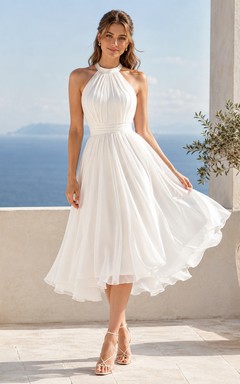 Weißes, teelanges Chiffon-Sommerkleid mit Neckholder und hohem Kragen in A-Linie