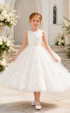 Flower Girl Dress Ivory Lace Tulle A-Line Scoop Neck Tea Length