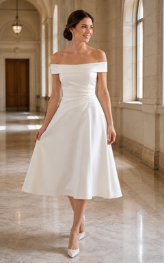 Standesamtliches schulterfreies A-Linien-Kleid in Teelänge – schlicht, dezent, modern – für eine standesamtliche Hochzeit