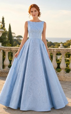Sky Blue Taffeta Scoop Neck Sleeveless Ball Gown Floor-Length Elegant Formal Prom Dress