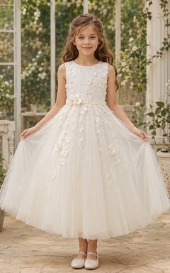 Applique Tulle A-Line Flower Girl Dress with Jewel Neck, Tea-Length Skirt and Floral Applique