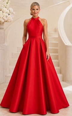 Red Elegant Halter Sleeveless Satin A-Line Floor-Length Prom Dress