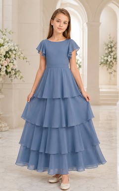 Stahlblaues Brautjungfernkleid für junge Damen, A-Linie, Rundhalsausschnitt, kurze Ärmel, Stufenrock