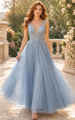Sky Blue V-Neck Tulle Romantic A-Line Dress