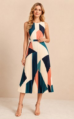 Vestido midi plisado de corte A con escote halter geométrico en azul marino y coral