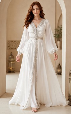 Modest Oriental Chiffon A Line V Neck Long Poet Sleeve Wedding Dress