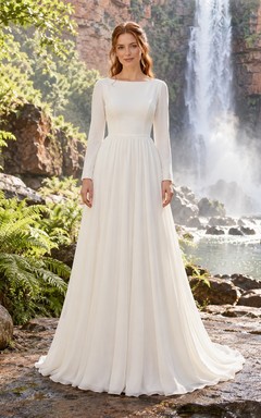 Simple Bateau Long Sleeve Plain A-Line Sweep Train Wedding Dress