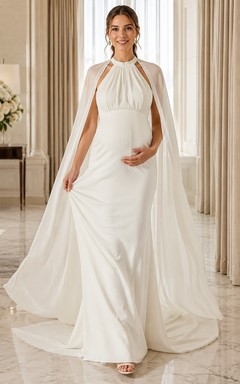 Vestido de novia sencillo de corte imperio con cuello alto y capa, estilo corte A, para bodas civiles, estilo juzgado.
