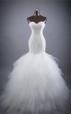 Ärmelloses Trompetenkleid aus Organza und Satin mit Blumenmuster und Spitze