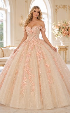 Peach Champagne Luxury Off Shoulder Floral Embroidered Sweet Sixteen Princess Ball Gown