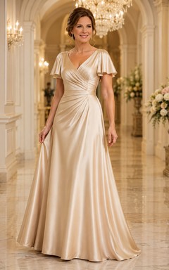 Champagnerfarbenes A-Linien-Kleid aus Satin mit V-Ausschnitt und Volantärmeln