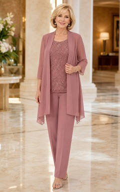 Mono rosa empolvado de Mauve Ensemble, largo hasta los tobillos, escote redondo, manga tres cuartos, gasa, vestido modesto para madres.