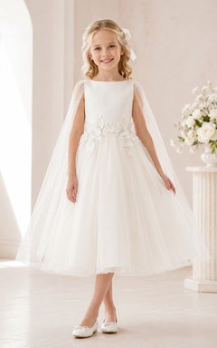 Robe de demoiselle d'honneur de communion formelle en tulle blanc à imprimé floral avec cape et appliques florales