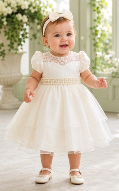 Robe de baptême pour bébé, coupe trapèze, manches bouffantes, en tulle et dentelle, élégante, adorable et romantique, ornée de perles et de bijoux, manches courtes.
