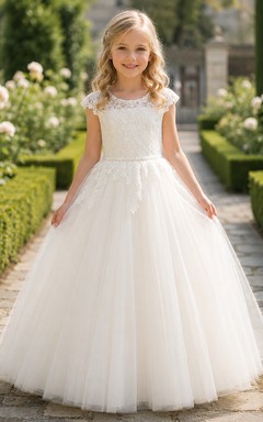Flower Girl Dress Ivory Lace Tulle A-Line Jewel Neck Tea Length