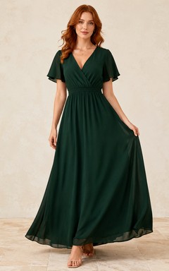 Emerald V Neck Flutter Sleeve Chiffon Formal Maxi Dress